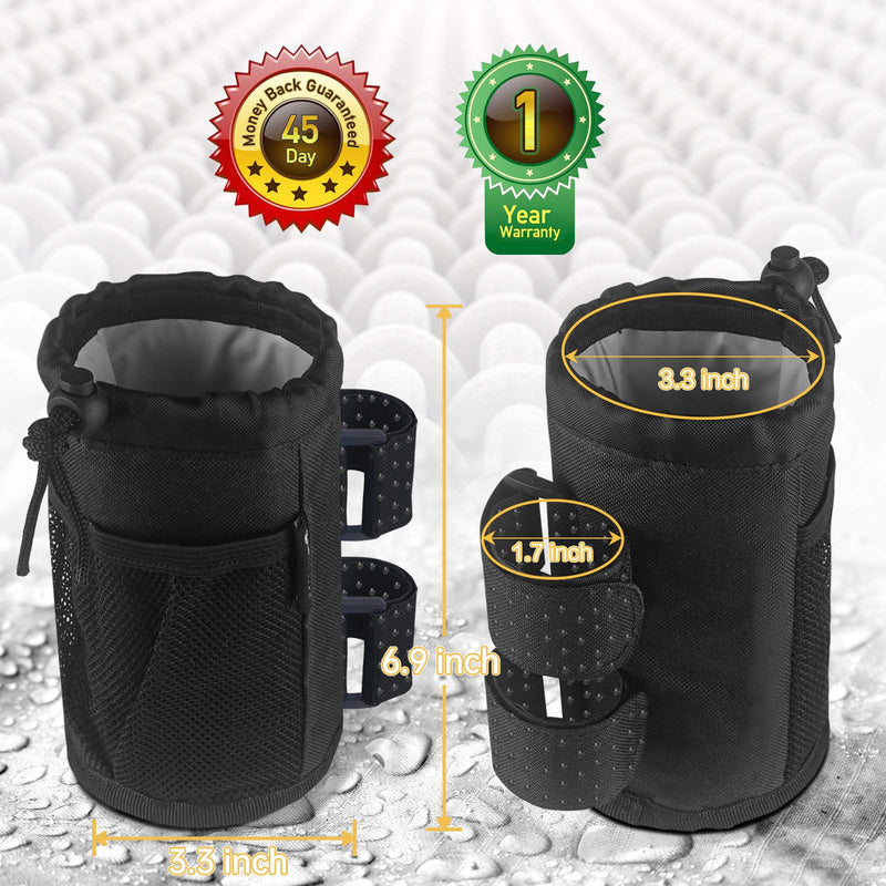 GEARV 2Pack Cup Holder for Bike, Scooter and Wheelchair, Water Bottle Holder for UTV/ATV, Walker, Golf Cart and Beach, Universal Drink Holder Accessories with Net Pocket and Cord Lock (Black) Black