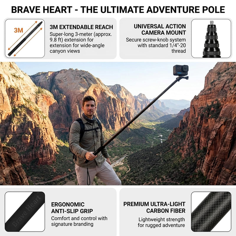 3m Invisible Selfie Stick for Insta360 X5 X4 X3 Filmmakers, 10ft Carbon Fiber Extended Pole for Panoramic Camera Vlogging (Black)