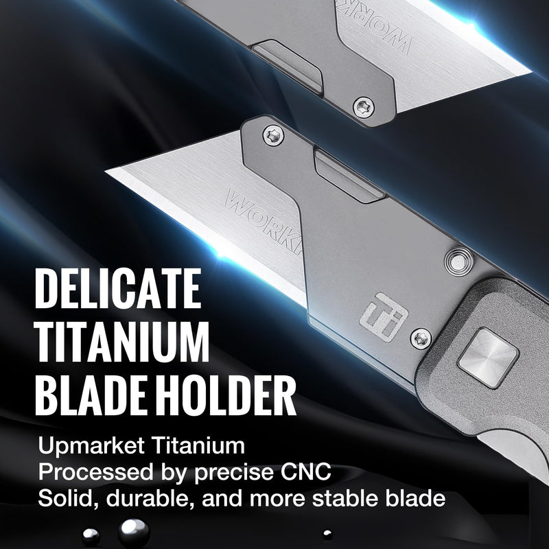 WORKPRO Premium Titanium Utility Knife, CNC Unibody, Lightweight Aluminium Handle Folding Box Cutter, Quick Change Blade Razor Knife,Ideal Gifts for Men Women, with 10 Extra Blades
