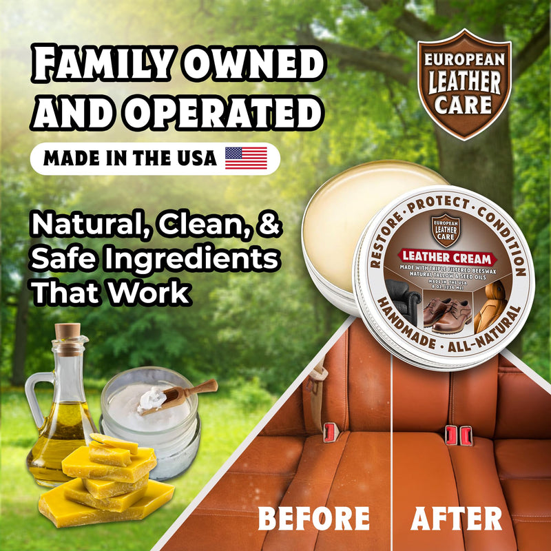 European Leather Care 8 oz Cream Leather Cleaner and Conditioner All Natural Leather Boots Leather Maintenance Cream Leather Conditioner Shoe Polish, Leather Couch, Furniture, Purses, Car, Saddle USA 8 Ounce