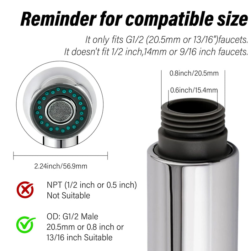 Kitchen Faucet Head Replacement,2-Function Pull Out Sink Sprayer,Suitable for G1/2" or 13/16" Thread Connectors Pull Down Faucets,Chrome