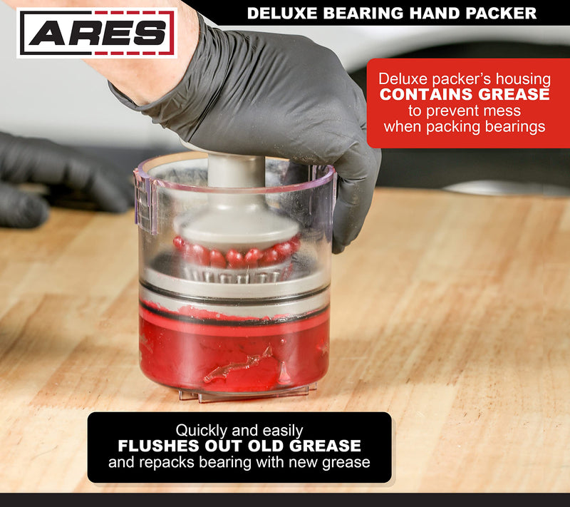 ARES 54035 – Deluxe Bearing Packer – Quickly and Easily Flushes Old Grease and Repacks Wheel Bearing – Fill with Grease Gun or by Hand – Durable Polycarbonate Construction