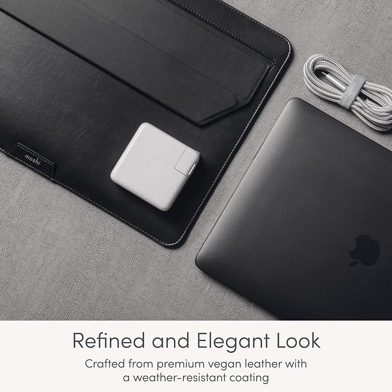 Moshi Muse 14 inch Laptop Sleeve Bag Compatible with 13”/14" MacBook Air, MacBook Pro M1/M2 2018-2022, Adjustable Stand and Expandable Storage, Ultra-Slim Premium Leather Laptop Case, Seashell White