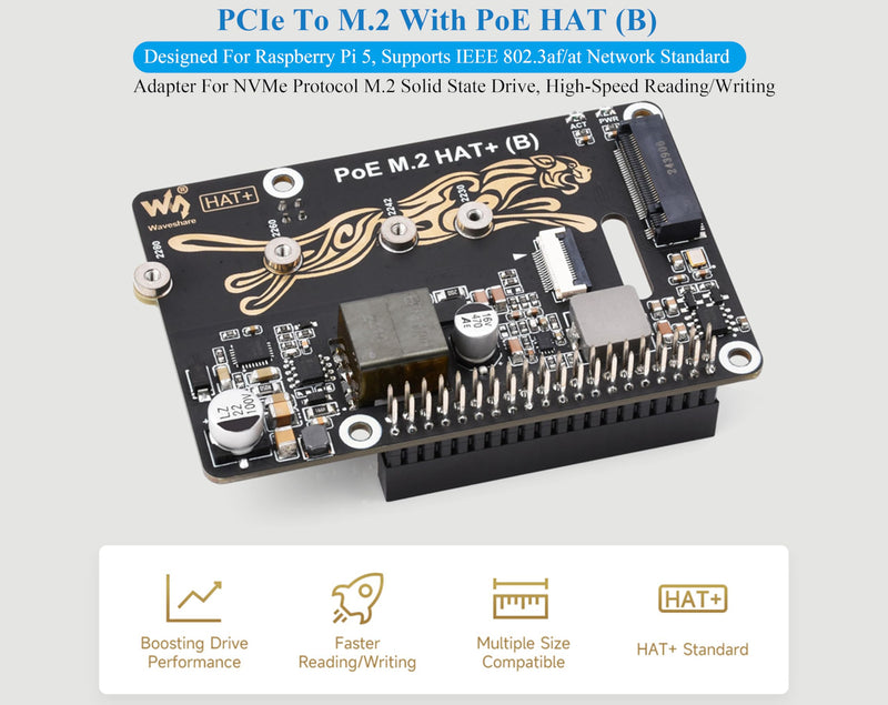 PCIe to M.2 Adapter with PoE Function Compatible with Raspberry Pi 5, Pi 5 NVMe PoE HAT+ Support NVMe M.2 Solid State Drive SSD 2230/2242/2260/2280, High-Speed Reading/Writing