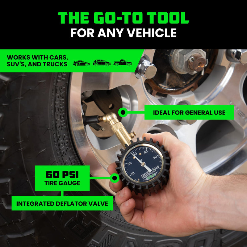 Rhino USA Heavy Duty Tire Pressure Gauge (0-60 PSI) - Certified ANSI B40.1 Accurate, Large 2" Easy Read Glow Dial, 360 Swivel Head, Solid Brass Hardware, Best for Any Car, Truck, Motorcycle, RV 60 PSI Compact