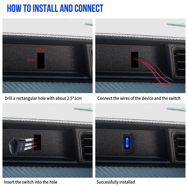 12v Rocker Switch Waterproof 5 PCS - 12 Volt Toggle Switch with 3 20cm Detachable Wires, SPST 3 Pin On Off Switches Snap-in Design Square Switch with Blue LED Light for Car Boat Marine RV Truck KCD3