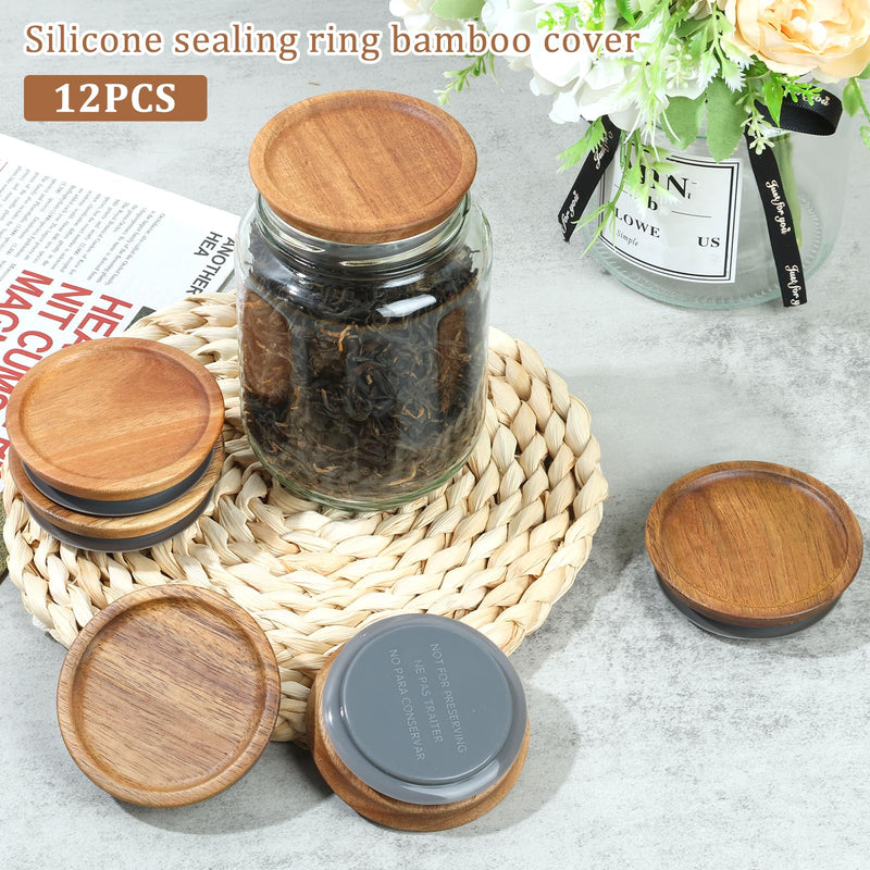 12Pcs Regular Mouth Lids Set Airtight Acacia Wood Canning Jar Lids with Silicone Sealing Rings Reusable Canning Covers for Mugs and Jars 12 Brown 12pcs
