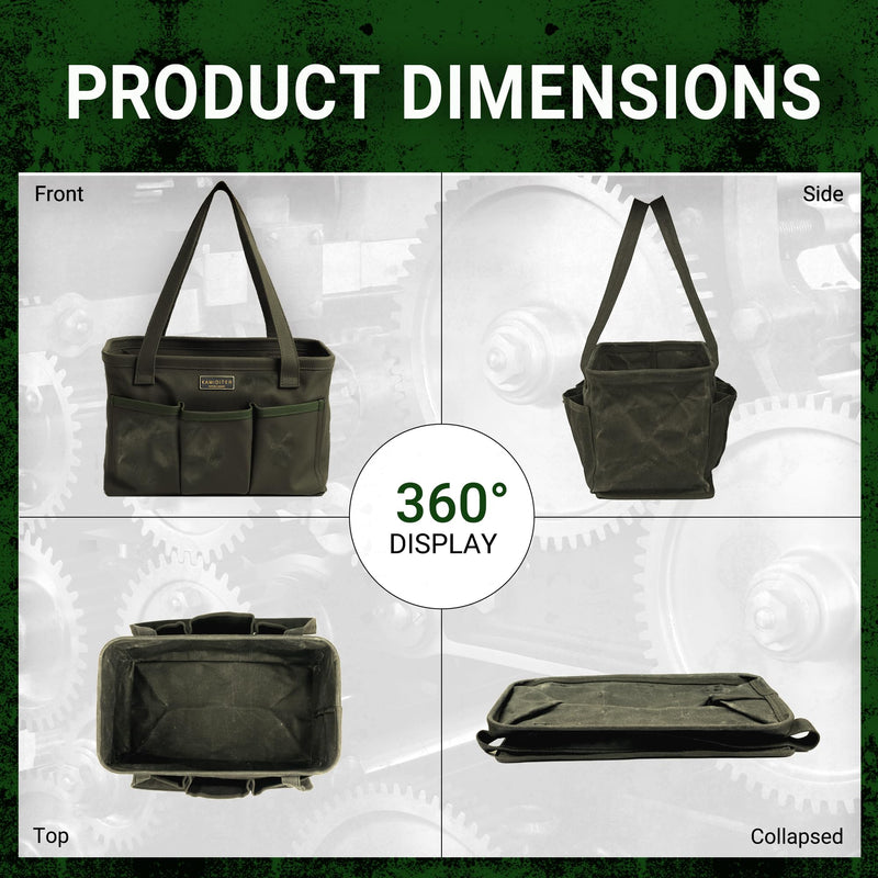 Tool Bag with Metal Frame, Waxed Canvas Wide Open Top Tool Tote Bag with 7 External Pockets, 13.5 x 7.8 x 7.8 Inches (ArmyGreen) ArmyGreen 13.5 Inch