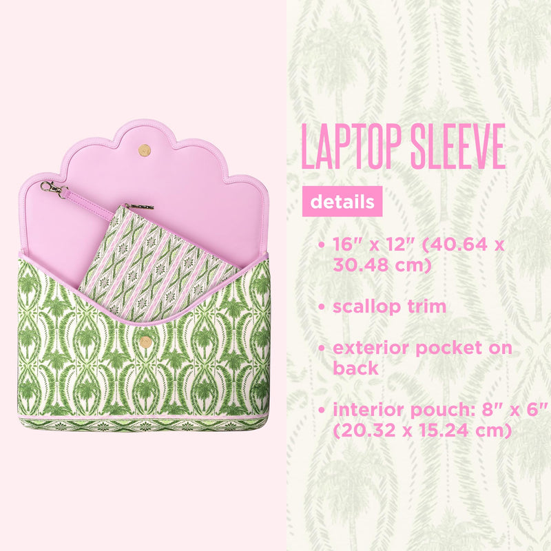 Lilly Pulitzer Padded Laptop Sleeve and Pouch Set, Textured Palm Stripe | Neoprene 16” Computer Case with Matching Zip Pouch, Magnetic Closure Envelope Laptop Bag with Scallop Trim & Storage Pocket