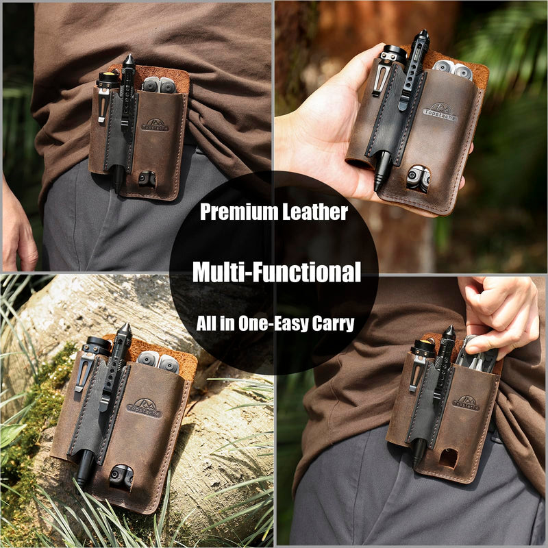Topstache Leather Multitool Sheath with Belt Clip - Multi Tool Holster for Belt - EDC Belt Organizer Fits Multitool, Flashlight, Pen - Leather EDC Pouch, DarkBrown Darkbrown-L (for Multitool)