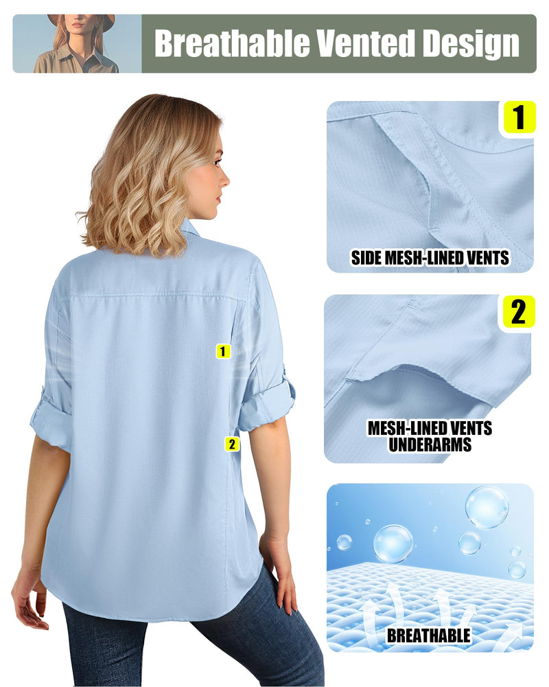33,000ft Women's UPF 50+ UV Long Sleeve Sun Protection Safari Shirts Quick Dry Outdoor Fishing Hiking Travel Shirt Light Blue Medium
