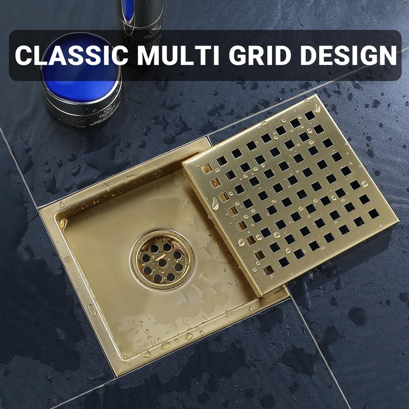 4 Inch Square Shower Floor Drain, Stainless Steel Black Shower Drain Kit with Flange, Floor Drain with Removable Grid Cover,Brushed Gold 4 inch-Grid Brushed Gold