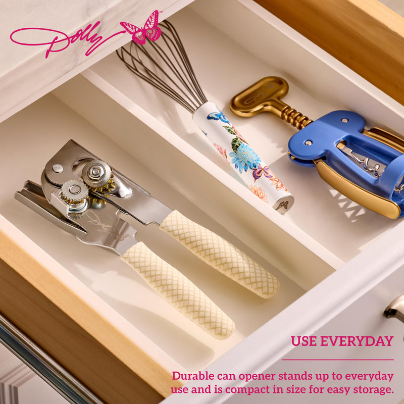 Dolly Parton Compact Can Opener with Crisscross Design – Ergonomic Soft-Grip Handles, Durable High-Carbon Cutting Wheel, Built-In Bottle Opener, 7.5 Inch