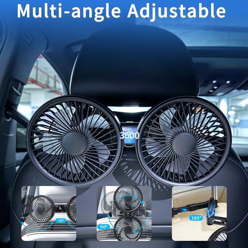 Rechargeable Car Fan for Backseat Kids Baby, Battery and USB Dual Power Car Fans with LED Display,Powerful 3 Speeds 360° Rotatable Dual Head Cooling Car Seat Fan for Sedan SUV RV Truck Vehicle Large