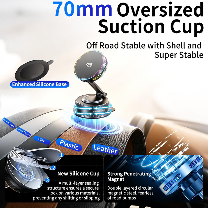 for Qi2.2 25W MagSafe Car Mount Charger,【7omm Big Suction Cup + Cooling Fan】 Magnetic Wireless Car Charger with 45W Adapter,Vacuum Suction Cup Phone Mount for iPhone 17-12,Android,Samsung