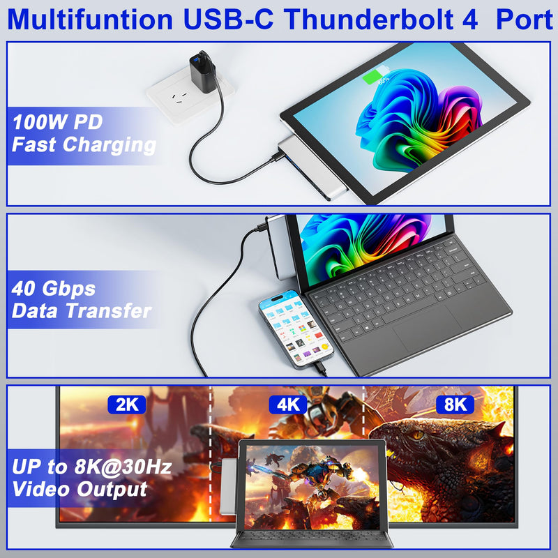 Surface Pro 11 USB C Adapter, Surface Pro 9 Hub Docking Station with 4K HDMI, Thunerbolt 4 (8K Video+Data+100W PD), 2*USB 3.0, 3.5mm Audio, SD/TF, USB C Hub for Surface Pro 11 Copilot/10/9/X slivery