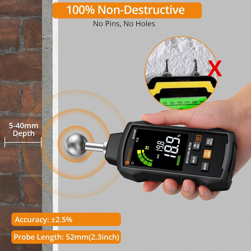  [AUSTRALIA] - Moisture Meter with Ball Probe, 5–40mm Detection, 5 Modes, 3-Color Display with Sound Alarm, REF Function & Data Hold – Pinless Moisture Meter for Wood, Walls, Floors, Concrete & Cement