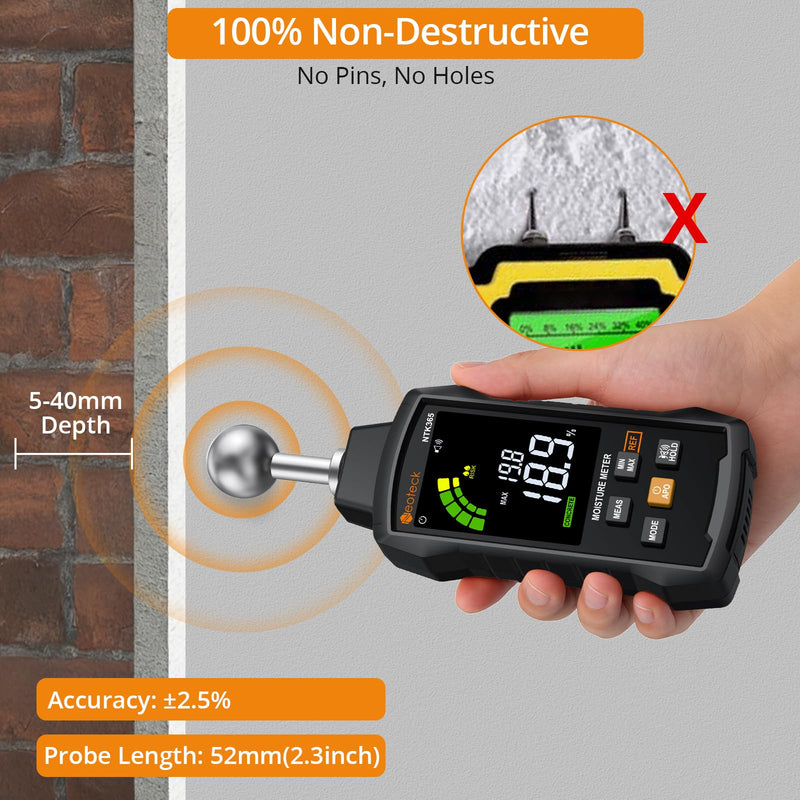 Neoteck Moisture Meter with REF Comparison, ±2.5% Accuracy Pinless Non-Destructive Moisture Detector with 5-40mm Measuring Depth,3-Color Warning Display,5 Modes for Wood Concrete Cement Plaster