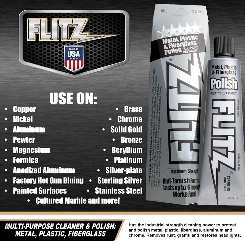 Flitz Metal Polish and Cleaner Paste, Also Works on Plastic, Fiberglass, Aluminum, Jewelry, Sterling Silver - Headlight Restoration and Rust Remover - Made in USA - 5.29 oz 5.29 Ounce (Pack of 1)