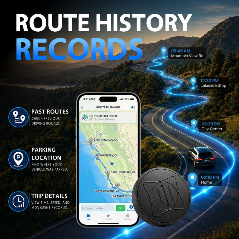 GPS Tracker for Vehicles, Real-Time Tracking for Cars, No App Fees, Black | Compact Magnetic Waterproof Vehicle Tracker with App, Route History & Geofence Alerts; SIM Card Required