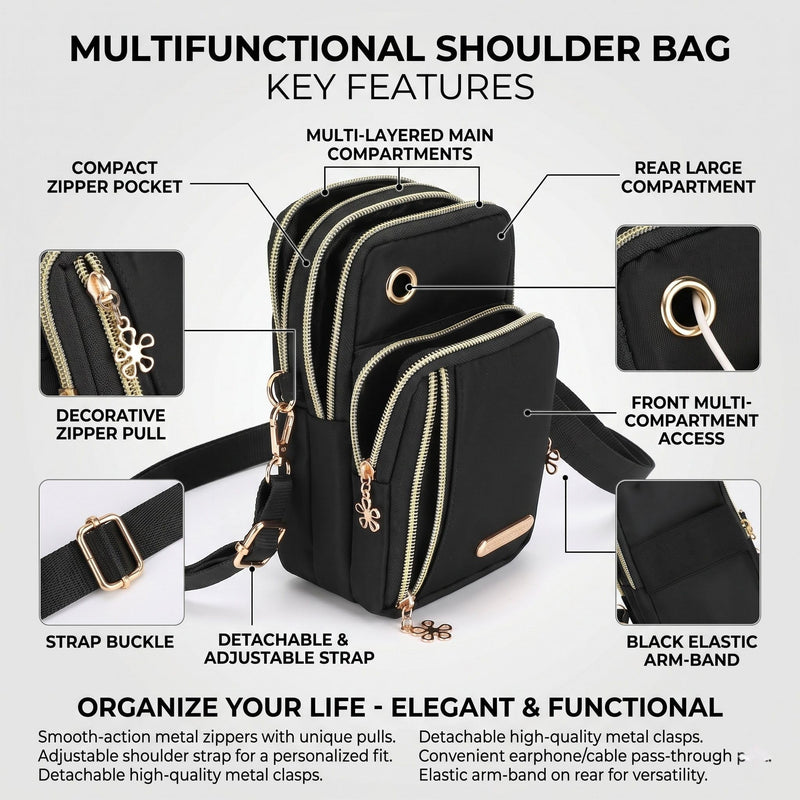 Soft Crossbody Bag Lightweight Zipper Closure Fashionable Vertical Design For Travel And Daily Use Mobile Phone Holder Black
