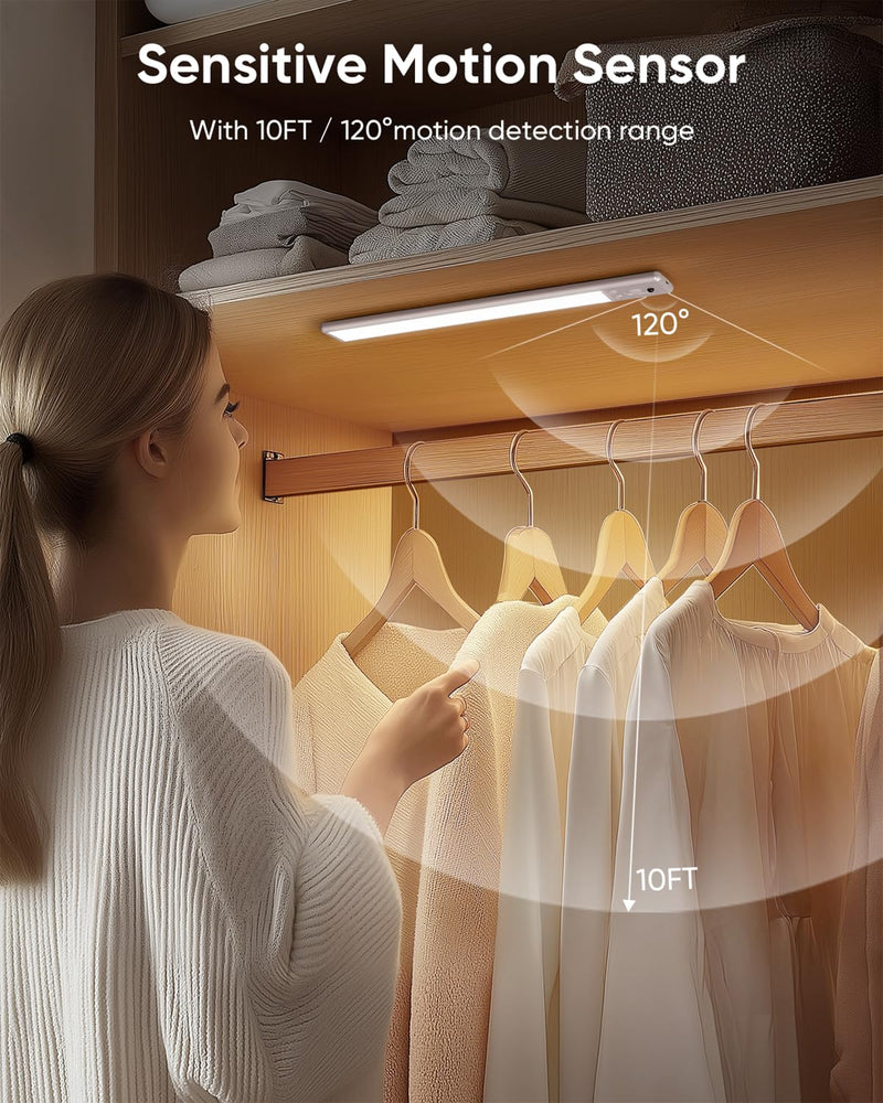 Under Cabinet Lighting Wireless, 2200mAh Rechargeable Battery Operated Motion Sensor Light Indoor, 3 Color Temps Under Counter Light, Dimmable Wireless Closet Lights w/Remote for Kitchen,Pantry,4 Pack White-10 Inch 4 Pack