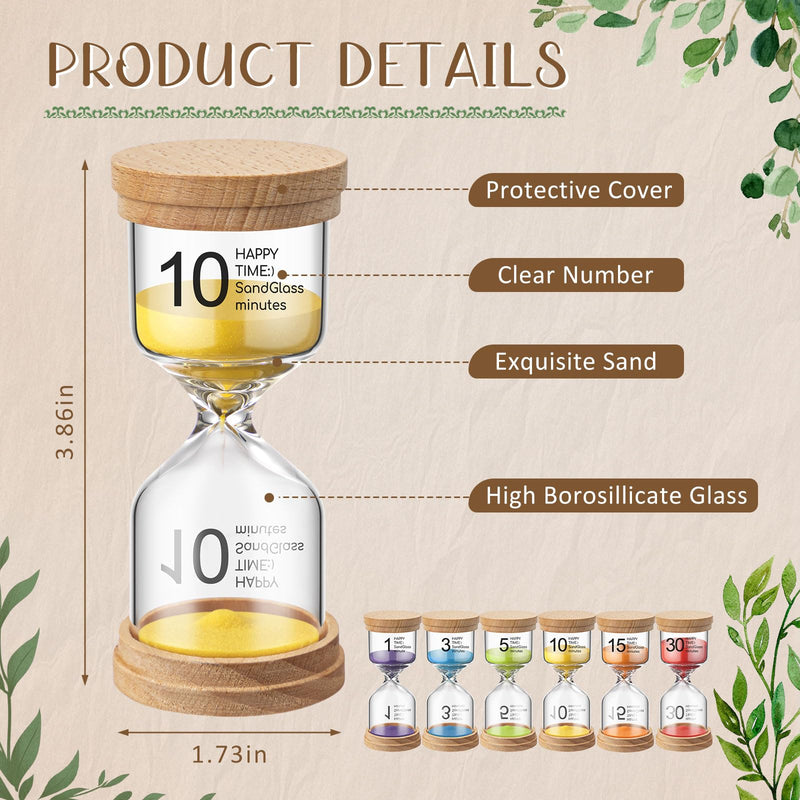 Kingdder Pack of 6 Wooden Sand Timer Set Operation Colorful Hourglass Timer Sandglass 1/3/5/10/15/30 Minutes Wood Sand Clock for Back to School Classroom Office Kitchen Cooking Home