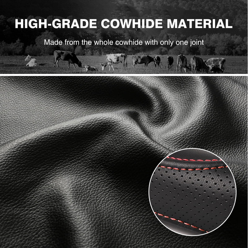 High-Grade Real Cowhide Steering Wheel Cover for Men Women，Black Genuine Leather Steering Wheel Cover for Cars,Universal 14.5-15 inch Steering Wheels Black Leather[14.5"-15"]