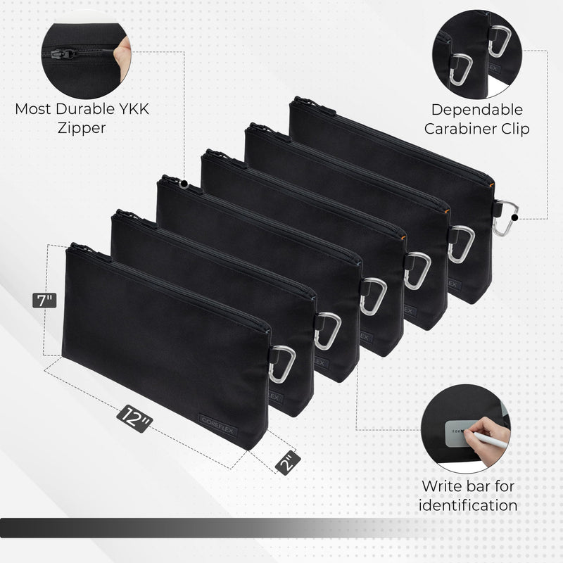 COREFLEX Premium Tool Pouch Zipper Bag, Small Tool Bag, Multipurpose Storage pouch, Heavy duty Flat Bottom Tool bag with YKK Zipper (6 pack Large 12inch Black) 6 pack Large 12inch Black