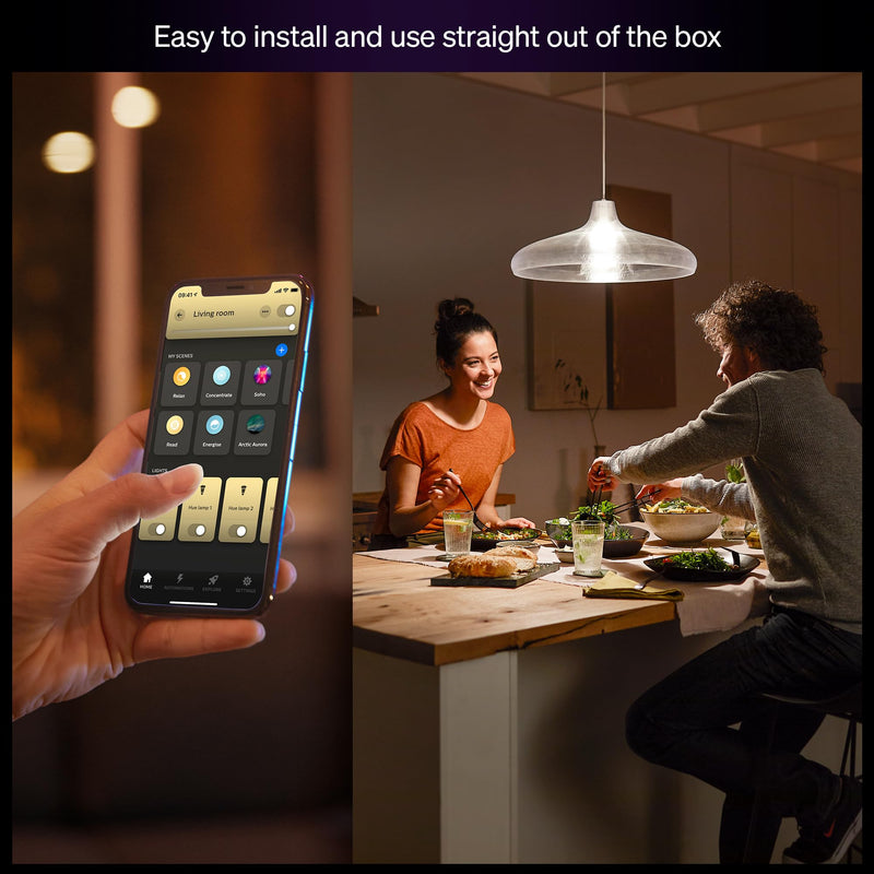 Philips Hue Smart LED A19 Bulb 4-Pack, Warm White Light 2700K, E26 Base, 9W, 810 Lumens, Dimmable LED Bulbs, Works with Alexa, Google Assistant, and Apple Home 4 Pack Revamped