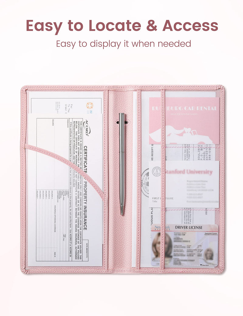 Yarnic Car Registration and Insurance Holder, Pu Leather Car Registration and Insurance Card Holder Car Document Holder for Cards, Essential Document, Driver License (Pink) Pink