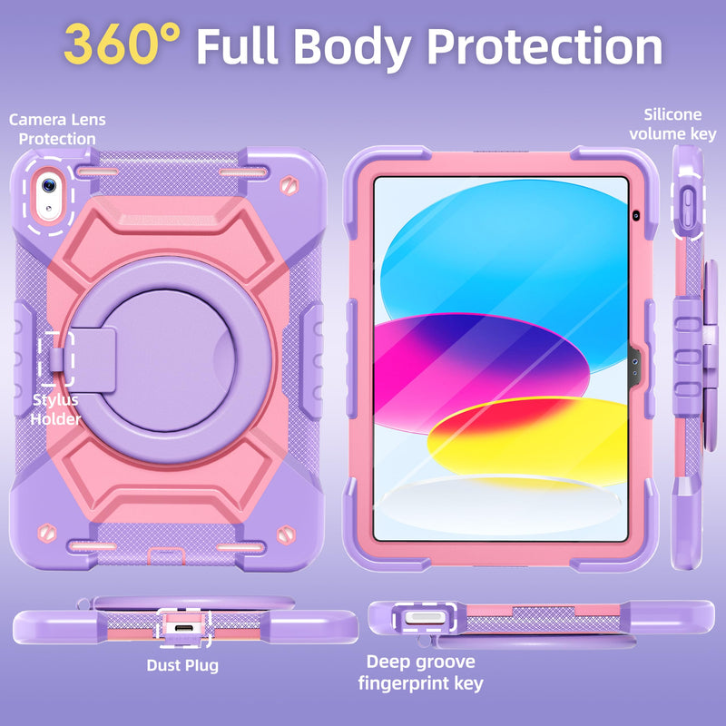 Case for iPad (A16) 11th Generation 11 inch 2025/10th Generation 10.9 inch 2022, Shockproof Cover with Screen Protector/360° Rotate Handle/Bracket/Pen Holder/Shoulder Strap (Purple+Pink) Purple+Pink