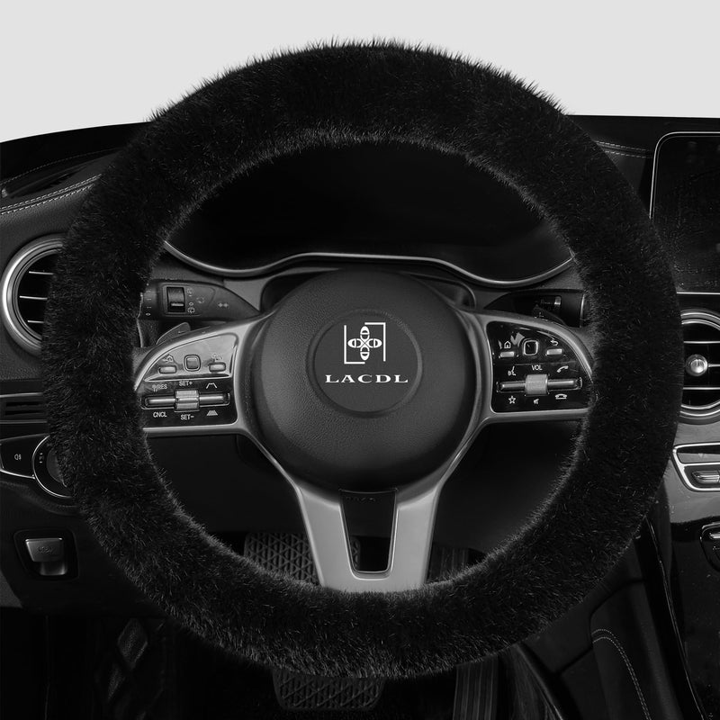 LACDL Fuzzy Winter Steering Wheel Covers for Women, Warm Cute Fluffy Car Wheel Cover for F150 Truck Jeep, Super Soft Furry Auto Plush Car Handle Cover for Cold Weather, Black, 15-16 inch, Large Size Large Size[15"1/2-16"](39-41cm)