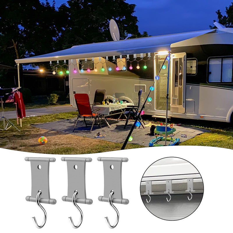 Homgaty 16 PCS RV Awning Light Clips, Double Slot Awning Hooks Camper Holders Heavy Duty RV Light Support Hanger for Lights Clothes, RV Awning Hooks Easily Slides Into Awning Roller Slot Gray