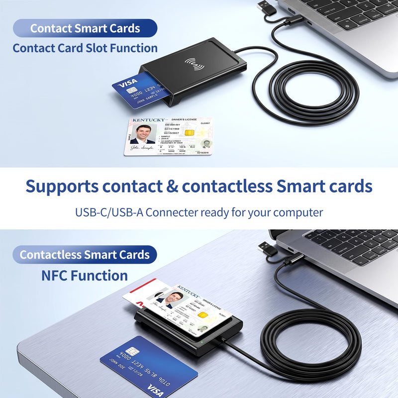 NFC Smart Card Reader, Contact & Contactless ID and Bank Chip Card Reader | CAC Reader for DOD Military, 2-in-1 USB-A/USB-C, for Windows/Mac/Android/Linux