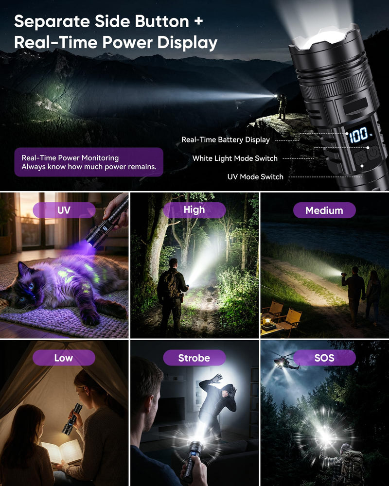 Flashlight Rechargeable with UV Light and White Light, 365NM Blacklight and High lumens White Light with LCD Display, Zoomable 6 Modes for Memory Function, for Pet Urine Detection, Camping, Emergency