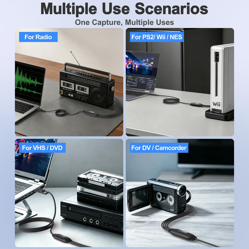VHS to Digital Converter, RCA to USB Converter for VCR, Hi8, Mini DV, 1080P | Preserve Old Memories, Plug-and-Play, Transfer Home Videos to Computer, Popular Recording Software