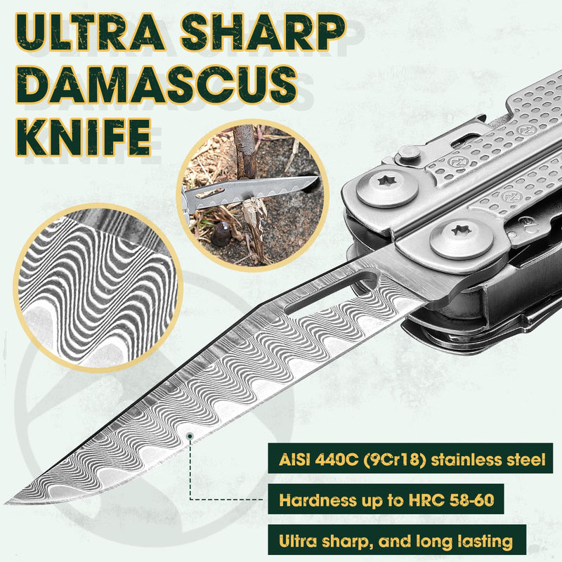 Multper Multitools Pliers Pro, Upgraded Multi Tool With Damascus Knife, Replaceable Wire Cutters and Screwdirver Set, Foldable Multitools with Scissors, Screwdriver, Ideal for Camping,Survival, Repair