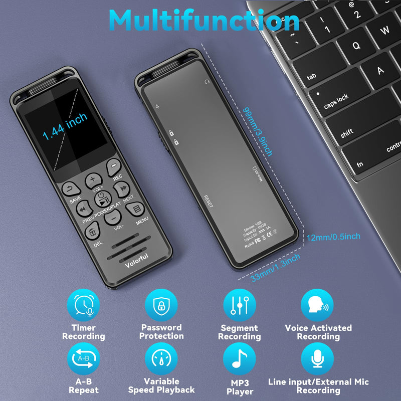 Digital Voice Recorder with Playback, Volorful 80H HD Recording Device | External Microphone, AI Noise Reduction, One Touch Recording/Lock, Voice Activated, Password, Lecture Meeting Interview Class 32.0 GB