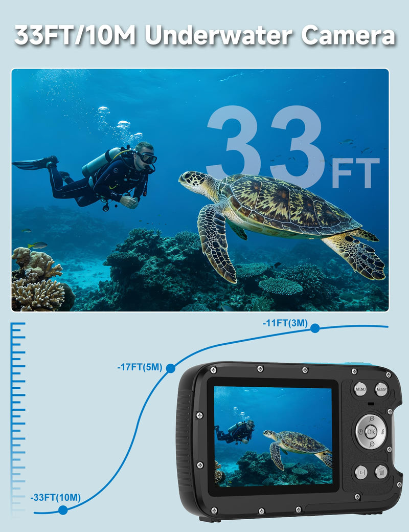 5K Waterproof Camera, 96MP 33FT Underwater Camera with Dual Screens, Autofocus Digital Camera for Snorkeling, Scuba Diving, Surfing & Travel Blue