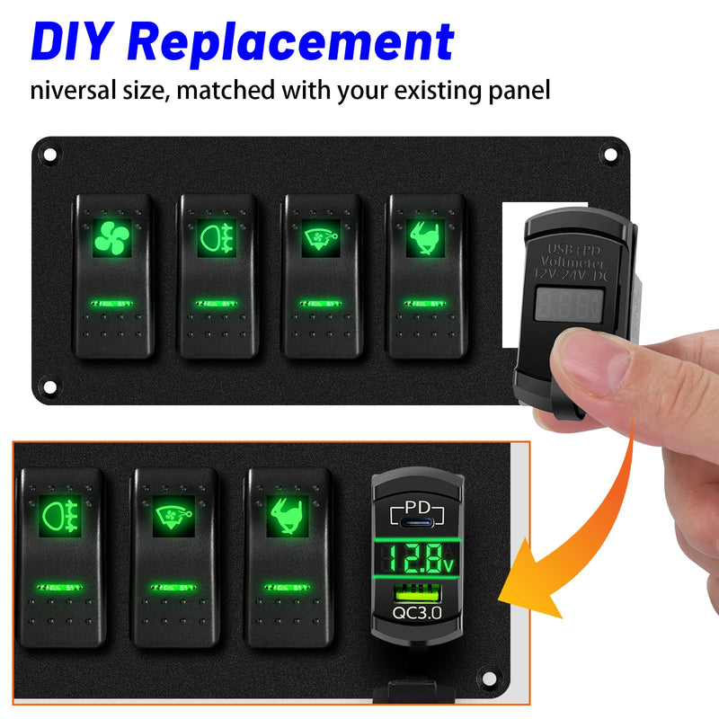 Rocker Switch USB Type C Charger with New Updated Ammeter and Voltmeter Universal Fits Rocker Switch Panel 12V 24V Dual USB Charging Port Outlet for RV Cars Marine Boats ATVs Trailers Type C USB Current-voltmeter Green