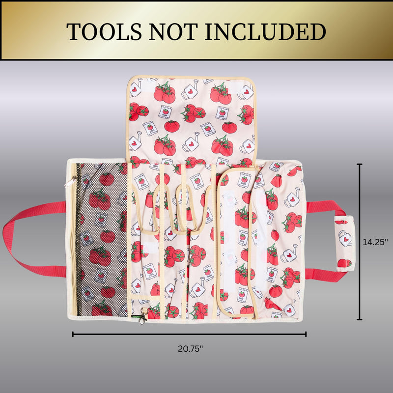 Garden Tool Bag - Roll-Up Garden Tool Holder with Deep Pockets | 900D Polyester Heavy Duty Gardening Tote | Compact Washable Organizer for Tools, Seeds, and Essentials (Tools Not Included) Tomato Print