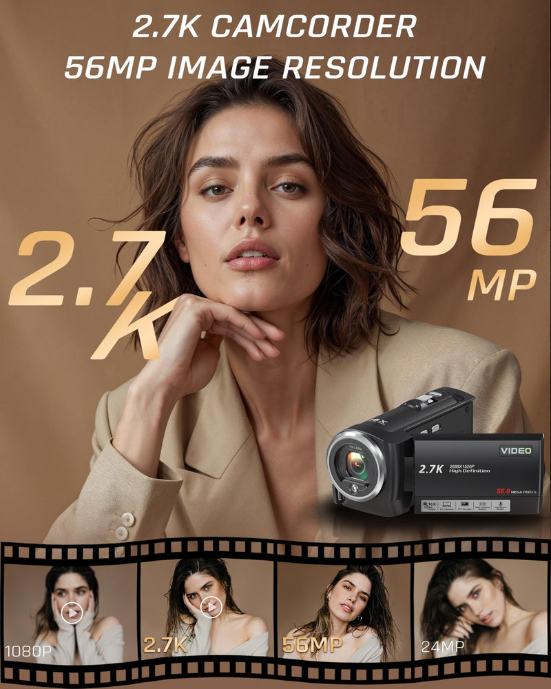 Video Camera Camcorder, QHD 2.7K 56MP 16X Digital Zoom Vlogging Camera | 2.8" 270° Rotatable Screen Camcorder, Built-in LED Fill Light Camcorder for YouTube with 32GB Card and Two Batteries