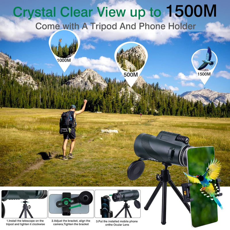 80×100 monocular Telescope with high Magnification and high Definition | Equipped with a phone adapter, it delivers an excellent experience for birdwatching, camping and other outdoor activities.