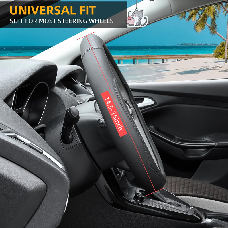 Valleycomfy Microfiber Leather Steering Wheel Cover Universal 15 inch (Black) Black Medium(Standard) Size[14.5"-15"]