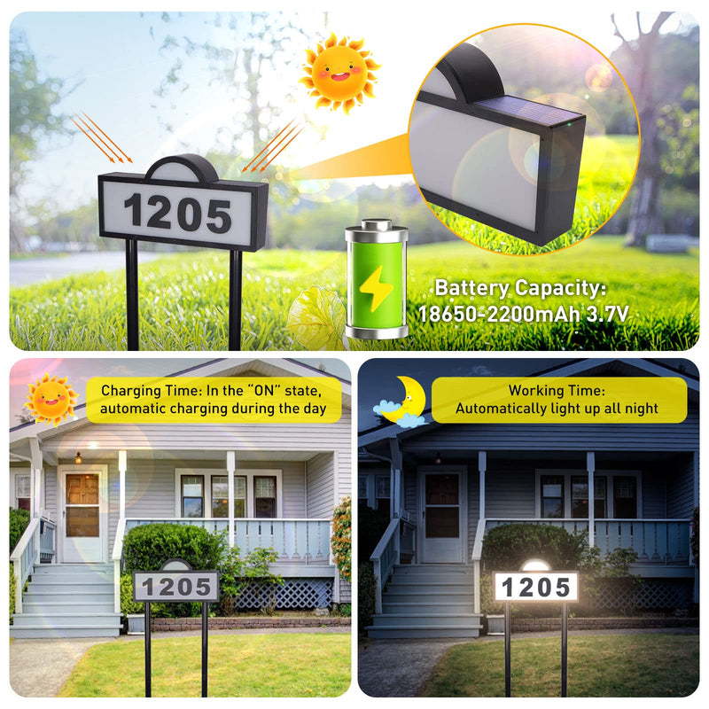 Solar House Numbers Address Sign, IP65 Waterproof Solar Address Plaque for Outside, 3200K Warm & 6500k Cold LED Illuminated House Numbers for Outdoor Wall Mounted & Home Yard Ground Address Number Bicolor light