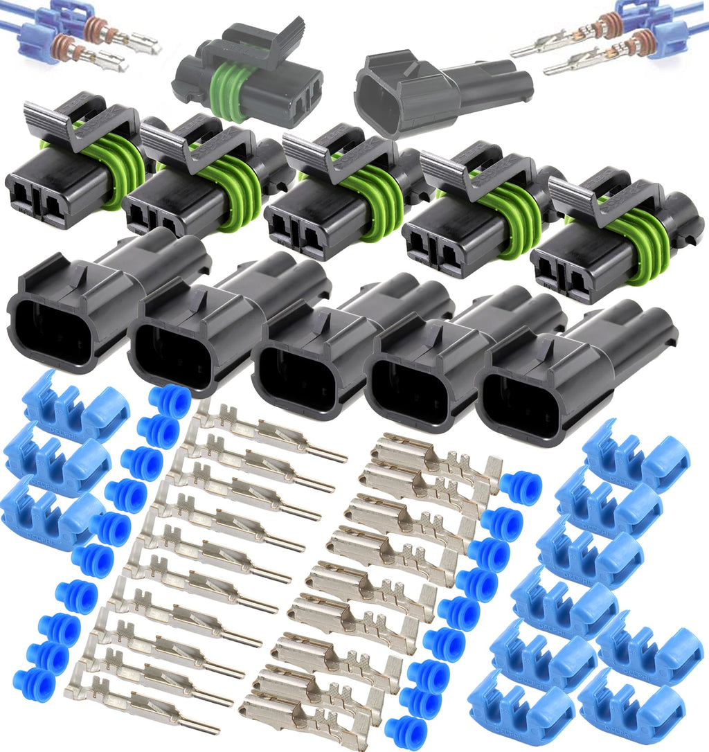 5-Pack (2-PIN) 30Amp Metri-Pack Waterproof Connector Terminals and Seals 12-10awg 2-Pin (12-10 GA)