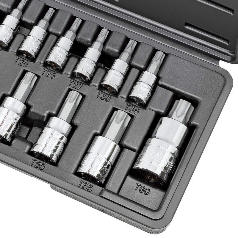 CARBYNE 14-Piece Torx Bit Socket Set, T8 to T60 Sizes, S2 Steel Bits, Cr-V Sockets, Durable Case | 1/4, 3/8, & 1/2 in. Drive • From a Family-Run Tool Company Based in the U.S.A.