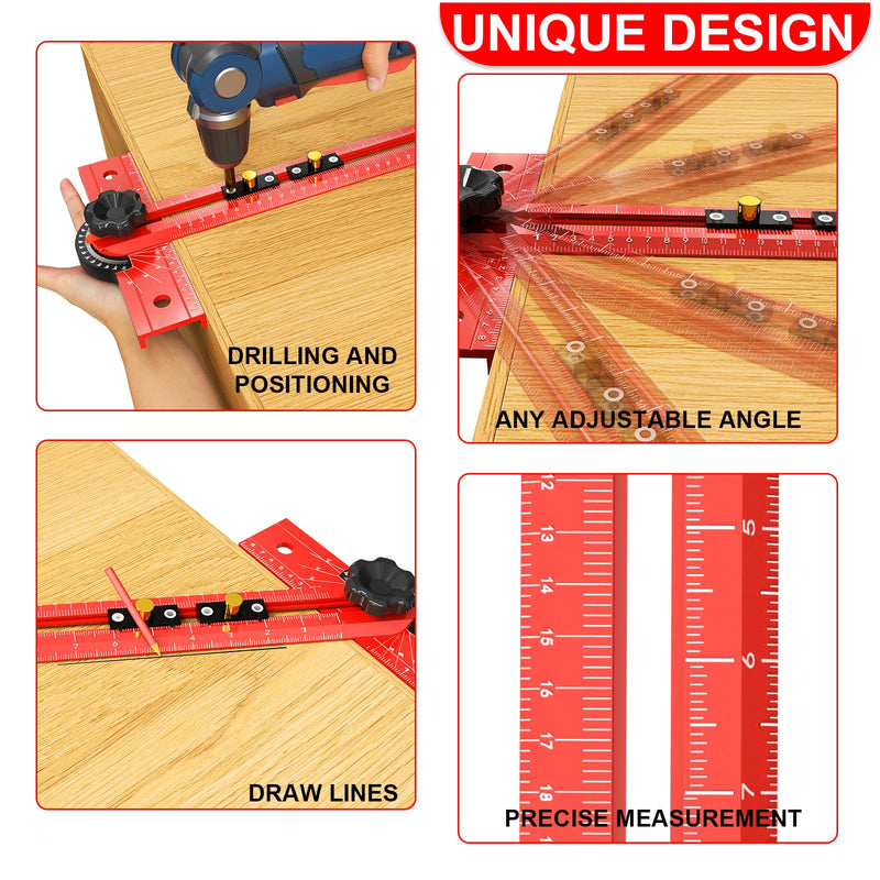 29 Inch Woodworking T Square Ruler, Adjustable Angle 15-165° Measurement Tool, Aluminum Alloy Body Precision Drilling Positioning Guide for Carpentry, Drafting, Architec, Scribe Crafting 29in red