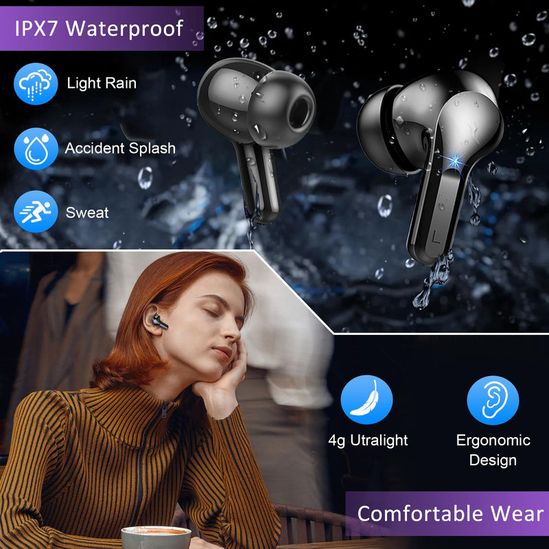 Wireless Earbuds, 48Hrs 2026 Bluetooth Headphones, Hi-Fi Stereo Deep Bass Ear Buds, ENC Noise Cancelling Mic, Clear Calls, IP-X7 Waterproof, USB Sport Earphones in Ear for Phones Laptop Pad, Black